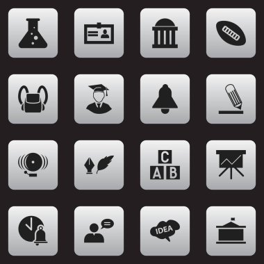 16 düzenlenebilir Üniversitesi simgeler kümesi. Adam, grafik kartı, Oval top ve daha fazla düşünme gibi simgeleri içerir. Web, mobil, UI ve Infographic tasarımı için kullanılabilir.