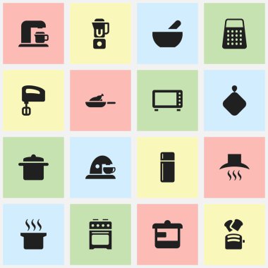 16 düzenlenebilir pişirme simgeler kümesi. Sembolleri soba gibi buzdolabı, Çorba kazanı ve daha fazlasını içerir. Web, mobil, UI ve Infographic tasarımı için kullanılabilir.