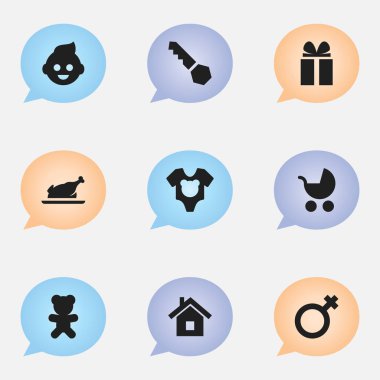 9 düzenlenebilir Kin simgeler kümesi. Kadın işaret, Perambulator, oyuncak ve daha fazlası gibi simgeler içerir. Web, mobil, UI ve Infographic tasarımı için kullanılabilir.