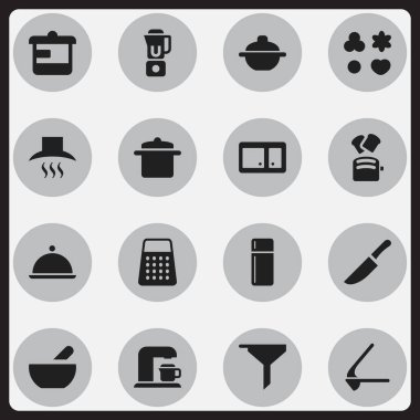 16 düzenlenebilir gıda simgeler kümesi. Mutfak Hood, tencere, bıçak ve daha fazlası gibi simgeler içerir. Web, mobil, UI ve Infographic tasarımı için kullanılabilir.