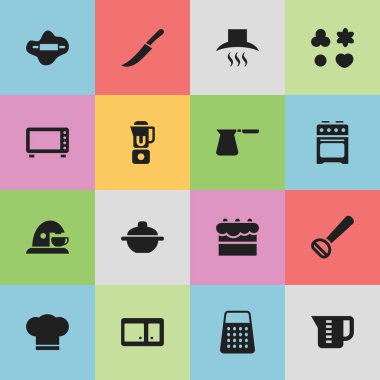 16 düzenlenebilir gıda simgeler kümesi. Semboller gibi soba, el mikseri, mutfak Hood içerir. Web, mobil, UI ve Infographic tasarımı için kullanılabilir.
