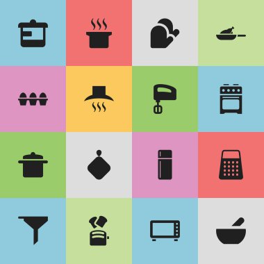16 düzenlenebilir Cook simgeler kümesi. Mutfak eldiveni, Çorba kazanı, fırın ve daha fazlası gibi simgeler içerir. Web, mobil, UI ve Infographic tasarımı için kullanılabilir.