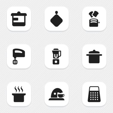 9 düzenlenebilir Cook simgeler kümesi. Tencere, karıştırıcı, gereçler ve daha fazlası gibi simgeler içerir. Web, mobil, UI ve Infographic tasarımı için kullanılabilir.