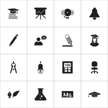 16 düzenlenebilir bilim simgeler kümesi. Kimya, yüzük, hesap makinesi ve daha fazlası gibi simgeler içerir. Web, mobil, UI ve Infographic tasarımı için kullanılabilir.