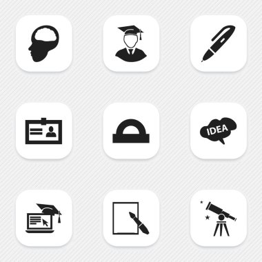 9 düzenlenebilir okul simgeler kümesi. Yarım daire cetvel, sertifika, kalem ve daha fazlası gibi simgeler içerir. Web, mobil, UI ve Infographic tasarımı için kullanılabilir.