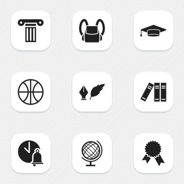 9 düzenlenebilir bilim simgeler kümesi. Çantanı, Basket oynamak gibi okul zili ve daha fazla simgeleri içerir. Web, mobil, UI ve Infographic tasarımı için kullanılabilir.