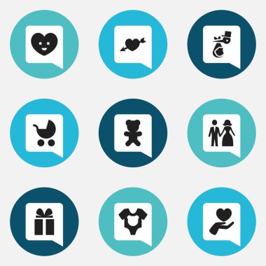 9 düzenlenebilir Kin simgeler kümesi. Elbise, çocuk, sevgi ve daha fazla gibi simgeler içerir. Web, mobil, UI ve Infographic tasarımı için kullanılabilir.