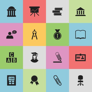 16 düzenlenebilir mezuniyet simgeler kümesi. Elyaf, düşünen adam, kitap ve daha fazlası gibi simgeler içerir. Web, mobil, UI ve Infographic tasarımı için kullanılabilir.