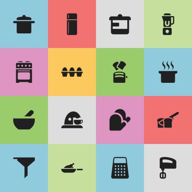 16 düzenlenebilir Cook simgeler kümesi. El Mixer, Çorba kazanı, mutfak eldiveni gibi simgeler içerir. Web, mobil, UI ve Infographic tasarımı için kullanılabilir.