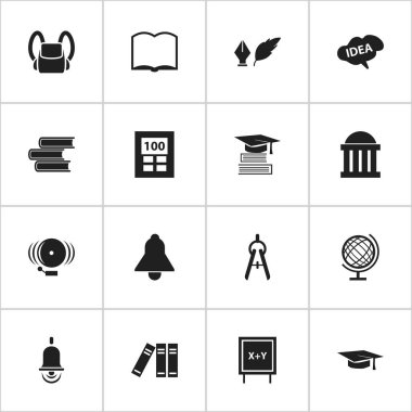 16 düzenlenebilir mezuniyet simgeler kümesi. Simgeleri Bookshelf, zil, çan ve daha fazlası gibi içerir. Web, mobil, UI ve Infographic tasarımı için kullanılabilir.