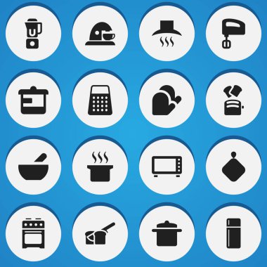 16 düzenlenebilir pişirme simgeler kümesi. El mikseri, fırın, soba gibi simgeleri içerir. Web, mobil, UI ve Infographic tasarımı için kullanılabilir.