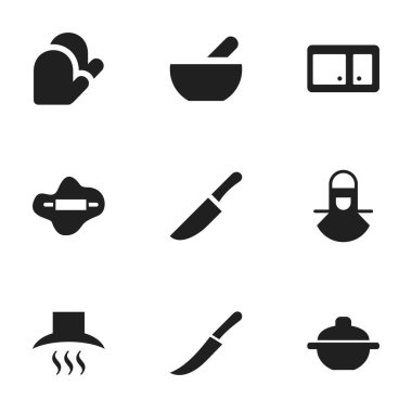9 düzenlenebilir Cook simgeler kümesi. Hamur, çorba ve mutfak eldiveni gibi simgeler içerir. Web, mobil, UI ve Infographic tasarımı için kullanılabilir.