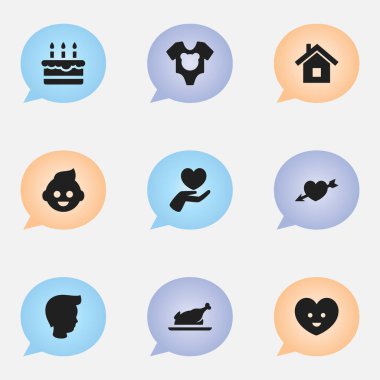 9 düzenlenebilir Kin simgeler kümesi. Ruh, çocuk, pastane ve daha fazlası gibi simgeler içerir. Web, mobil, UI ve Infographic tasarımı için kullanılabilir.