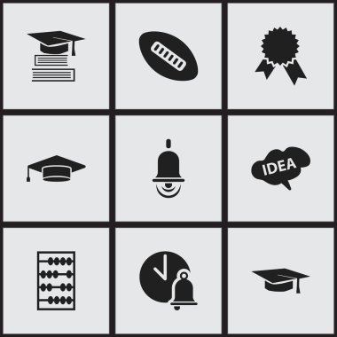 9 düzenlenebilir mezuniyet simgeler kümesi. Alarm zili, okul zili, yüksek lisans ve daha fazlası gibi simgeler içerir. Web, mobil, UI ve Infographic tasarımı için kullanılabilir.