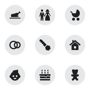 9 düzenlenebilir yakınları simgeler kümesi. Pastane, evli, kilit ve daha fazlası gibi simgeler içerir. Web, mobil, UI ve Infographic tasarımı için kullanılabilir.