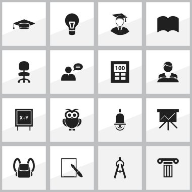 16 düzenlenebilir mezuniyet simgeler kümesi. Sözlük, ayağı, Notepaper ve daha fazlası gibi simgeler içerir. Web, mobil, UI ve Infographic tasarımı için kullanılabilir.