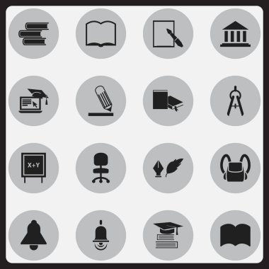 16 düzenlenebilir mezuniyet simgeler kümesi. Kütüphane, yazı tahtası, Bell ve daha fazlası gibi simgeler içerir. Web, mobil, UI ve Infographic tasarımı için kullanılabilir.