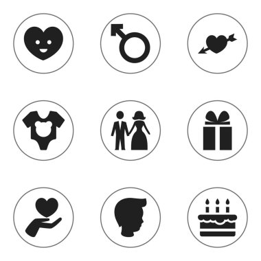 9 düzenlenebilir Kin simgeler kümesi. Elbise, kalp, pastane ve daha fazlası gibi simgeler içerir. Web, mobil, UI ve Infographic tasarımı için kullanılabilir.