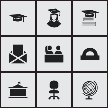 9 düzenlenebilir mezuniyet simgeler kümesi. Zarf, eğitim, Üniversitesi ve daha fazlası gibi simgeler içerir. Web, mobil, UI ve Infographic tasarımı için kullanılabilir.