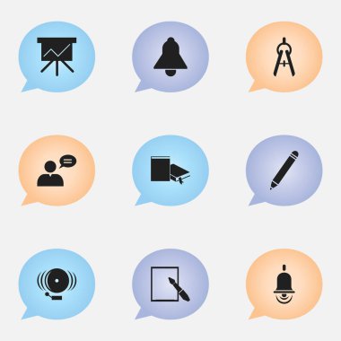 9 düzenlenebilir eğitim simgeler kümesi. Yer işareti, Alarm zili, Notepaper ve daha fazlası gibi simgeler içerir. Web, mobil, UI ve Infographic tasarımı için kullanılabilir.