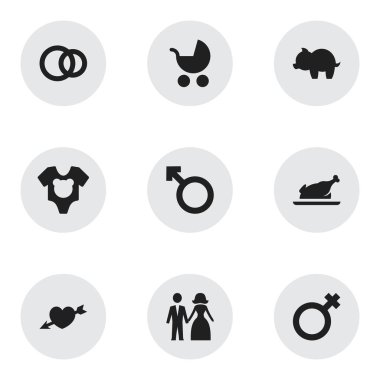9 düzenlenebilir Kin simgeler kümesi. Perambulator, elbise, evli ve daha fazlası gibi simgeler içerir. Web, mobil, UI ve Infographic tasarımı için kullanılabilir.