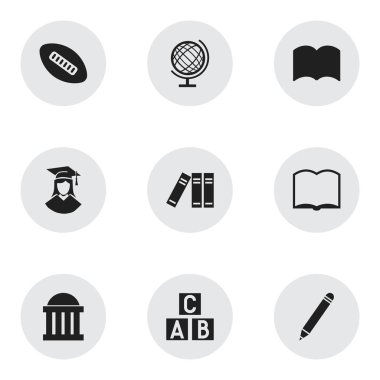 9 düzenlenebilir Üniversitesi simgeler kümesi. Kitap, alfabe küp ve kalem gibi simgeler içerir. Web, mobil, UI ve Infographic tasarımı için kullanılabilir.