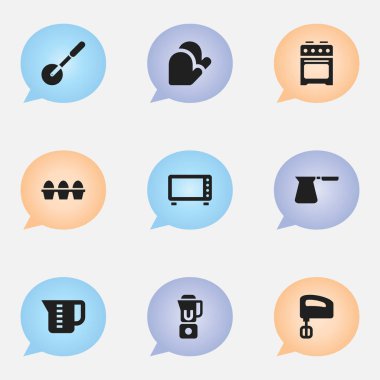9 düzenlenebilir pişirme simgeler kümesi. Bıçak Roller, soba, karıştırıcı ve daha fazlası gibi simgeler içerir. Web, mobil, UI ve Infographic tasarımı için kullanılabilir.