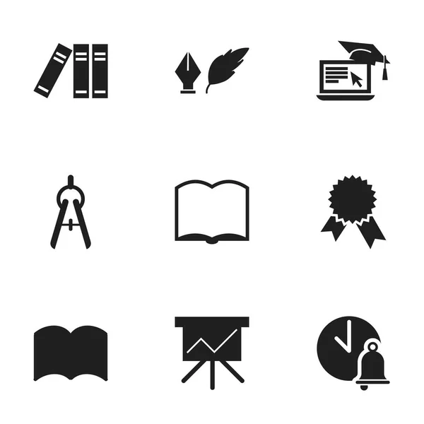 Набір з 9 значків Університету Едреті. Включає в себе такі символи, як дистанційне навчання, математичний інструмент, книжкова полиця тощо. Може використовуватися для веб, мобільного, інтерфейсу та інфографіки . — стоковий вектор