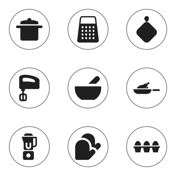 Set Of 9 Editable Food Icons. Includes Symbols Such As Shredder, Egg Carton, Kitchen Glove And More. Can Be Used For Web, Mobile, UI And Infographic Design. — Stock Vector