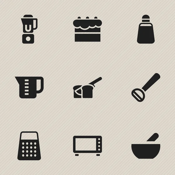 Sada 9 upravitelné vaření ikon. Obsahuje symboly, jako například menzurální, ruční Mixer, Shredder. Lze použít pro webové, mobilní, Ui a infografika Design. — Stockový vektor