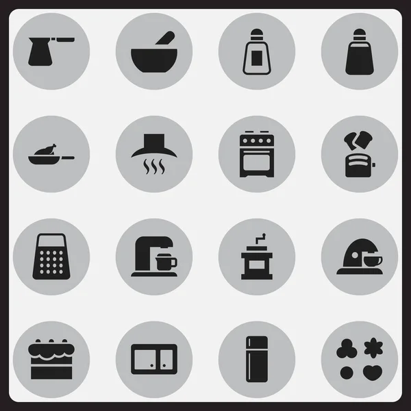 Conjunto de 16 iconos de comidas editables. Incluye símbolos como pan de rebanada, amoladora Mocha, campana de cocina y más. Puede ser utilizado para el diseño de la tela, móvil, interfaz de usuario e infografía . — Vector de stock