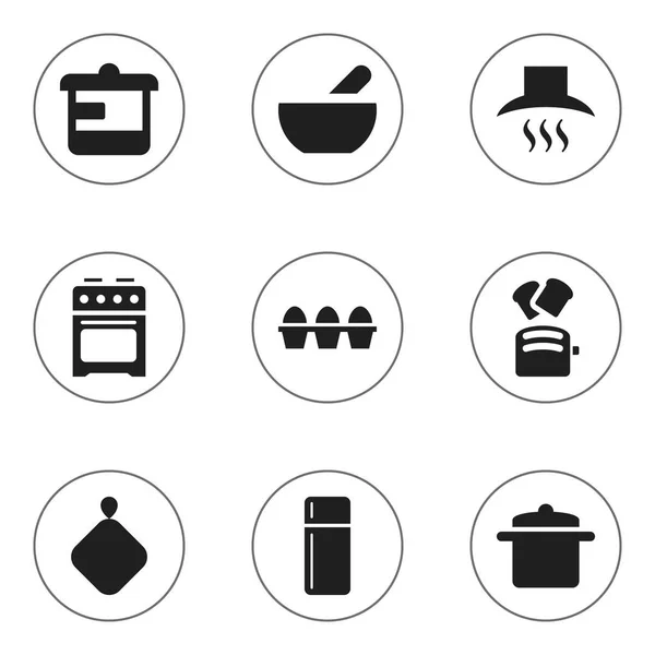 Набор из 9 настольных кулинарных иконок. Includes Symbols such as Egg Carton, Stove, Refrigerator and More. Can be used for Web, Mobile, UI and Infographic Design . — стоковый вектор