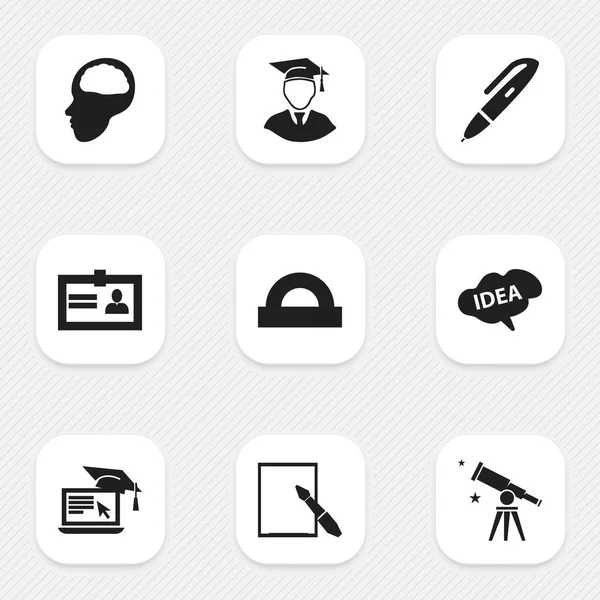 Conjunto de 9 iconos escolares editables. Incluye símbolos tales como regla semicírculo, certificación, pluma y más. Puede ser utilizado para el diseño de la tela, móvil, interfaz de usuario e infografía . — Archivo Imágenes Vectoriales