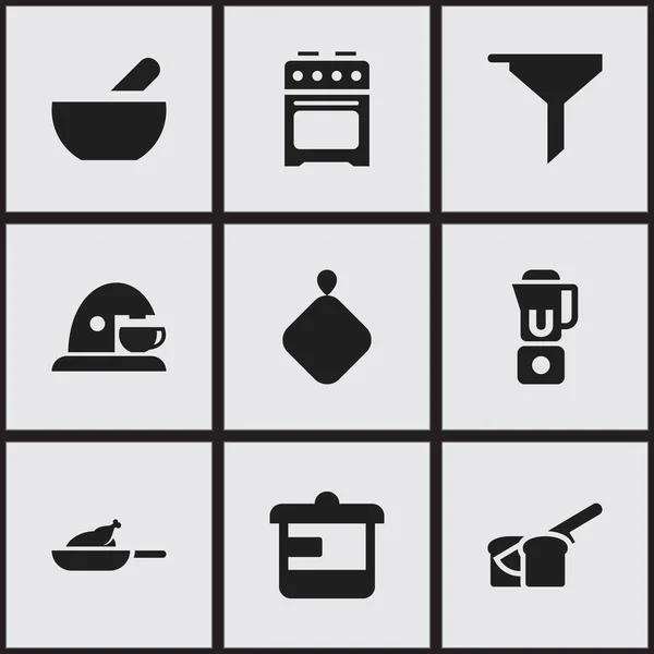 Zestaw 9 ikon można edytować posiłek. Zawiera symbole, takie jak naczynia, Grill, piec i więcej. Mogą być używane dla sieci Web, mobilnych, interfejsu użytkownika i Infographic Design. — Wektor stockowy