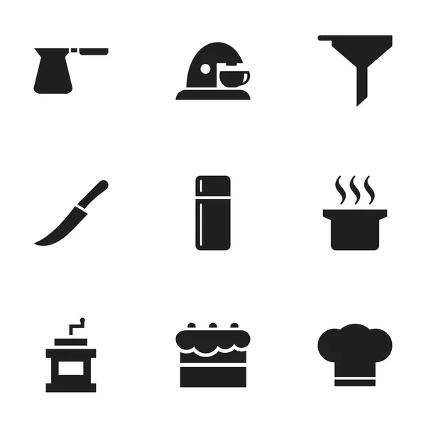 Zestaw 9 ikon można edytować Cook. Zawiera symbole, takie jak garnek zupy, ciasta, miecz i więcej. Mogą być używane dla sieci Web, mobilnych, interfejsu użytkownika i Infographic Design. — Wektor stockowy