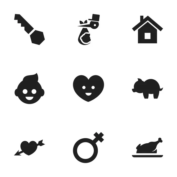 Набір з 9 для редагування сім'ї іконок. Включає в себе символи, такі як смажена курка, душі, та дитина і більше. Може використовуватися для веб, мобільні, призначеного для користувача інтерфейсу і інфографіки дизайн. — стоковий вектор
