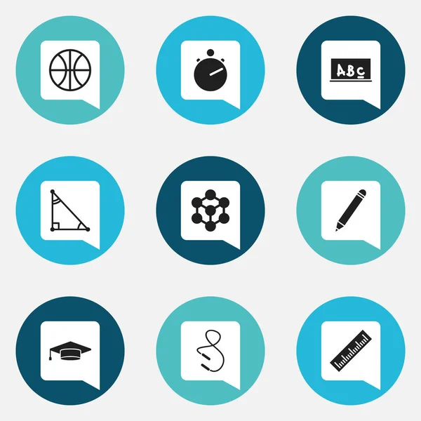 9 düzenlenebilir okul simgeler kümesi. Semboller gibi atlama ipi, sepet oyun, molekül ve daha içerir. Web, mobil, UI ve Infographic tasarımı için kullanılabilir.