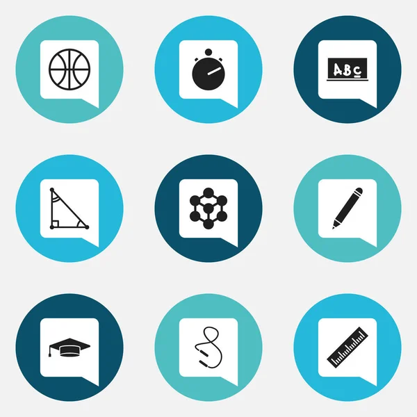 Conjunto de 9 ícones editáveis da escola. Inclui símbolos como pular corda, jogo de cesta, molécula e muito mais. Pode ser usado para Web, Mobile, UI e design infográfico . — Vetor de Stock