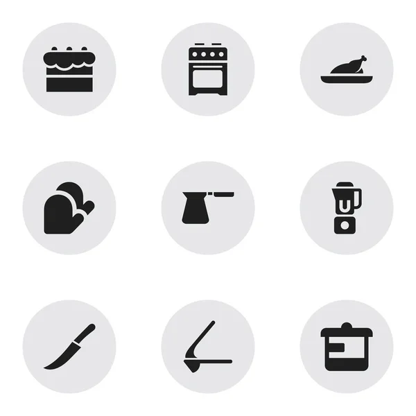 Set von 9 editierbaren Food-Symbolen. beinhaltet Symbole wie Schwert, Küchenhandschuh, Kaffeekanne und mehr. kann für Web-, Mobil-, UI- und Infografik-Design verwendet werden. — Stockvektor