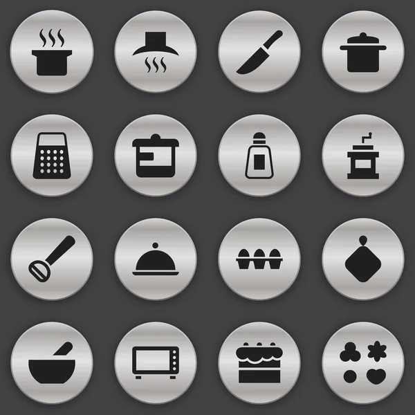 Zestaw 16 ikon można edytować Cook. Zawiera symbole, takie jak Husker, opakowaniu jaj, naczyń kuchennych i nie tylko. Mogą być używane dla sieci Web, mobilnych, interfejsu użytkownika i Infographic Design. — Wektor stockowy