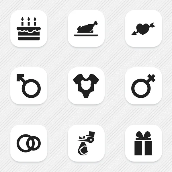 Набір з 9 значків Editable Kin. Включає в себе такі символи, як обруч, подарунок, смажена курка та багато іншого. Може використовуватися для веб, мобільного, інтерфейсу та інфографіки . — стоковий вектор