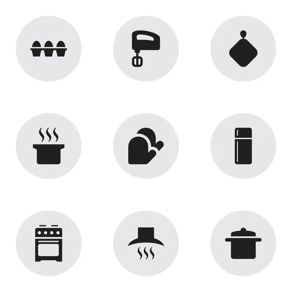Set Of 9 Editable Cook Icons. Includes Symbols Such As Cookware, Kitchen Hood, Soup Pot And More. Can Be Used For Web, Mobile, UI And Infographic Design. — Stock Vector