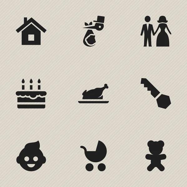 Ensemble de 9 icônes de Kin modifiables. Comprend des symboles tels que jouet, maison, pâtisserie et plus encore. Peut être utilisé pour le Web, mobile, interface utilisateur et infographie . — Image vectorielle