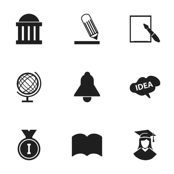 Zestaw 9 ikon edukacja. Zawiera symbole, takie jak papierze, umysł, Bell i więcej. Mogą być używane dla sieci Web, mobilnych, interfejsu użytkownika i Infographic Design. — Wektor stockowy