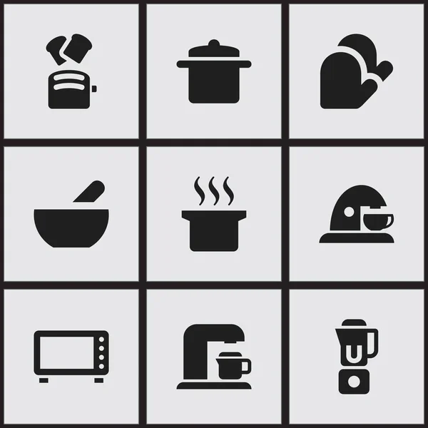 Készlet 9 szerkeszthető Cook ikonok. Ital készítő, kézi Mixer, konyhai kesztyű szimbólumokat tartalmaz. Lehet használni a Web, mobil, Ui és Infographic Design. — Stock Vector