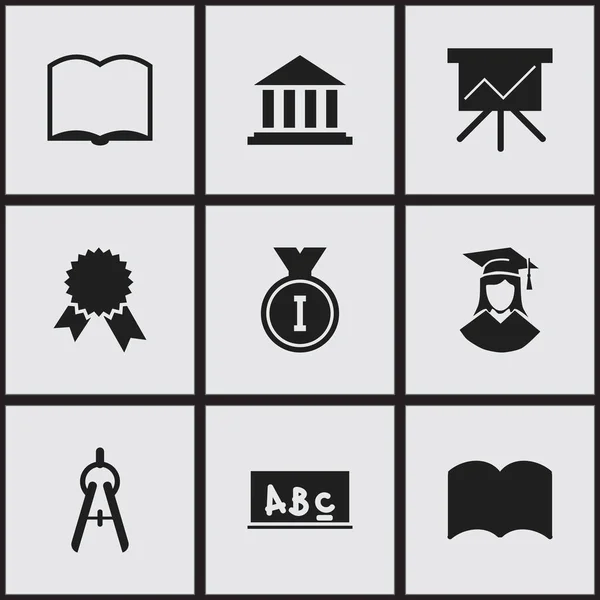 Conjunto de 9 iconos educativos editables. Incluye símbolos tales como Diccionario, Museo, Tabla de cartas y más. Puede ser utilizado para el diseño de la tela, móvil, interfaz de usuario e infografía . — Archivo Imágenes Vectoriales