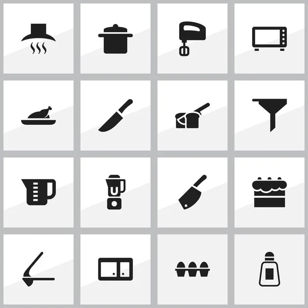 Conjunto de 16 iconos de comidas editables. Incluye símbolos tales como mezclador de mano, cuchillo, pastelería. Puede ser utilizado para el diseño de la tela, móvil, interfaz de usuario e infografía . — Archivo Imágenes Vectoriales