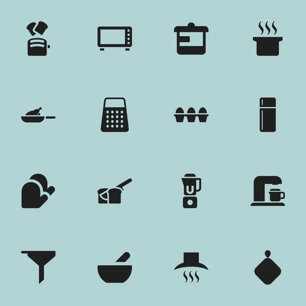 Набір з 16 значків для приготування їжі. Включає в себе такі символи, як Холодильник, Суп горщик, Фільтрація і багато іншого. Може використовуватися для веб, мобільного, інтерфейсу та інфографіки . — стоковий вектор