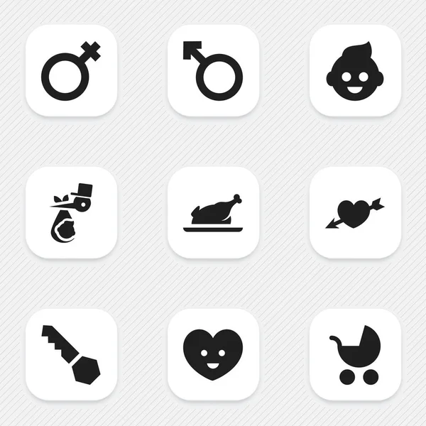 Set de 9 iconos Kin editables. Incluye símbolos como bebé, pollo frito, alma y más. Puede ser utilizado para el diseño de la tela, móvil, interfaz de usuario e infografía . — Archivo Imágenes Vectoriales