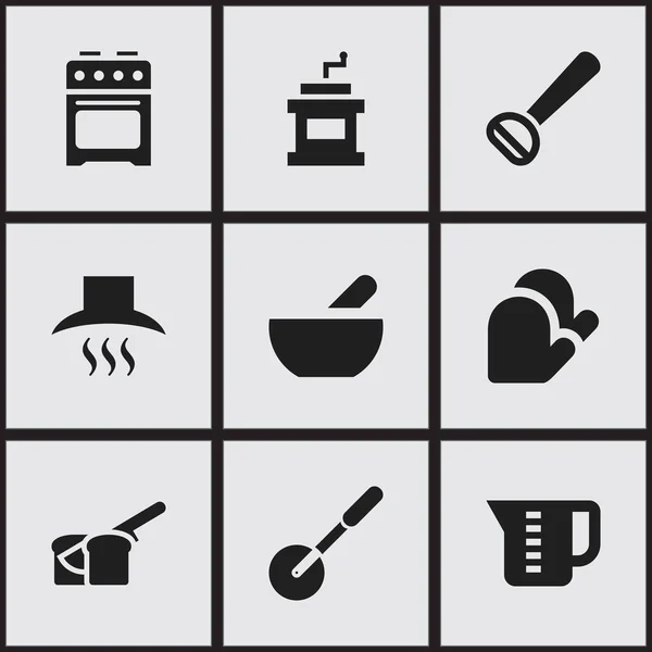 9 の編集可能な料理のアイコンのセットです。キッチン グローブ、脱穀機、モカ グラインダーなどの記号が含まれています。ウェブ、モバイル、Ui とインフォ グラフィック デザインに使用することができます。. — ストックベクタ